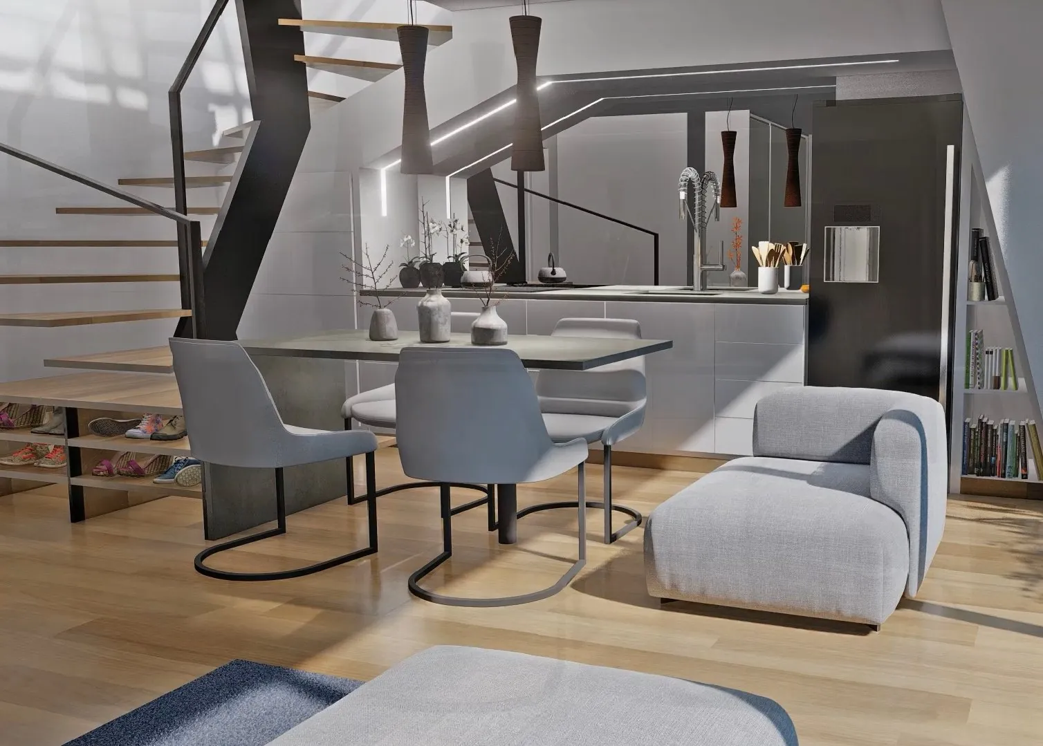 Zona pranzo e cucina con scala interna verso il terrazzo